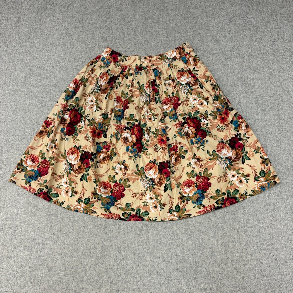 Unbranded Floral Pleated Midi Skirt Size M Tan Red Blue Boho Cottagecore Casual